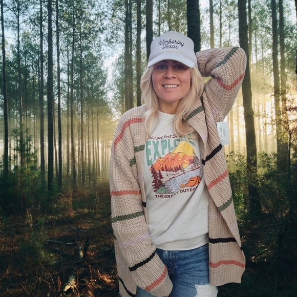 NWT IJOAH Knit Striped Cardigan Taupe Sz Large Crunchy Granola Girl Camp Cardi - Picture 2 of 11